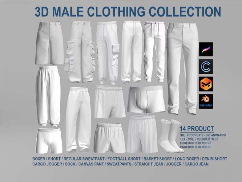 3D Mens Collection – 14 Customizable Models for CLO3D, Procreate & Blender